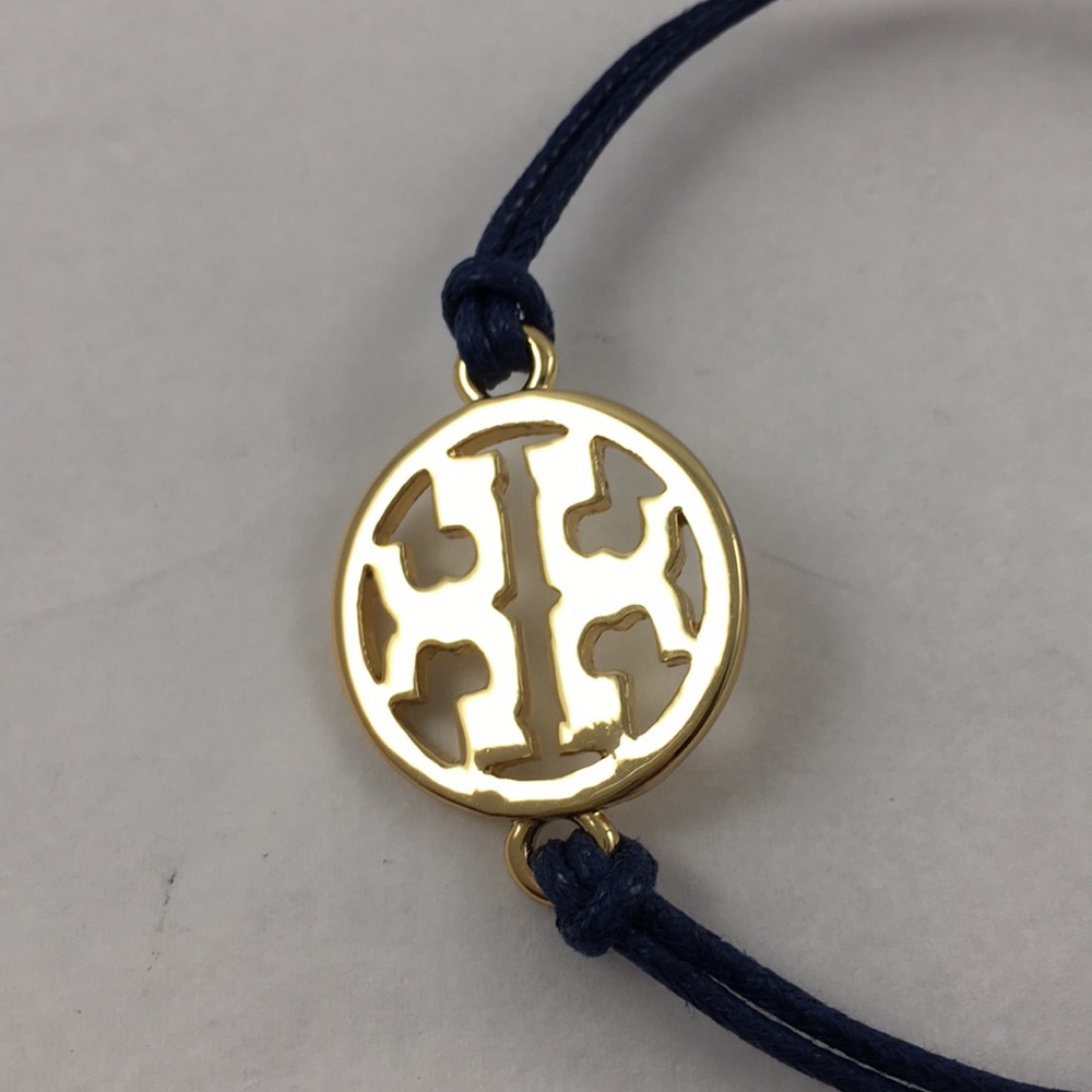 Tory Burch Blue Silk Cord Gold Logo Disc Bracelet - Picture 3 of 4